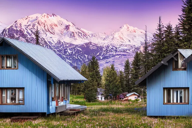 Prompt: architecture photo modern fachwerk house cottage settlement with Elbrus mountain on the background, architecture, photorealism 8k , shining and happy atmosphere, uplight, high details