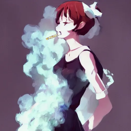 Image similar to woman in a dress smoking a cigarette by krenz cushart, wlop, dark room, white smoke, chromatic aberration, white smoke, trending on ArtStation Pixiv, anime girl