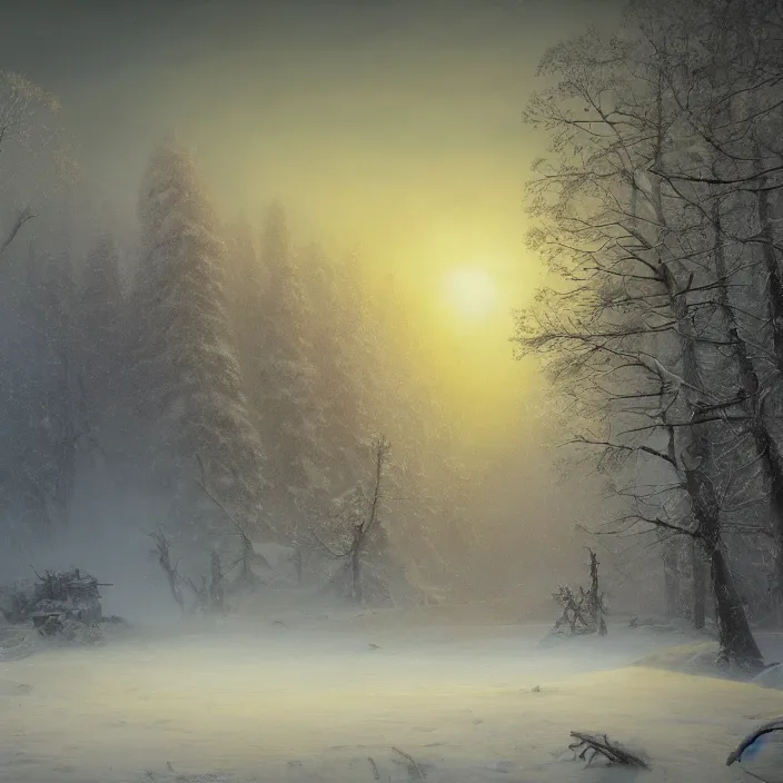 Image similar to a beautiful painting of winter in pripyat by ivan aivazovsky and zdzisław beksinski and rene magritte and greg rutkowski, in style of digital art. hyper detailed, sharp focus, soft light. unreal engine 5. ray tracing. trending on artstation