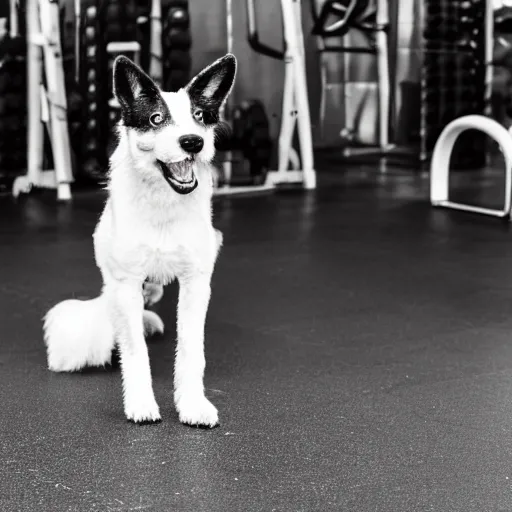 Image similar to black and white fox terrier with extreme muscles, chewing on a car tire, inside a gym, 50mm photography with flash