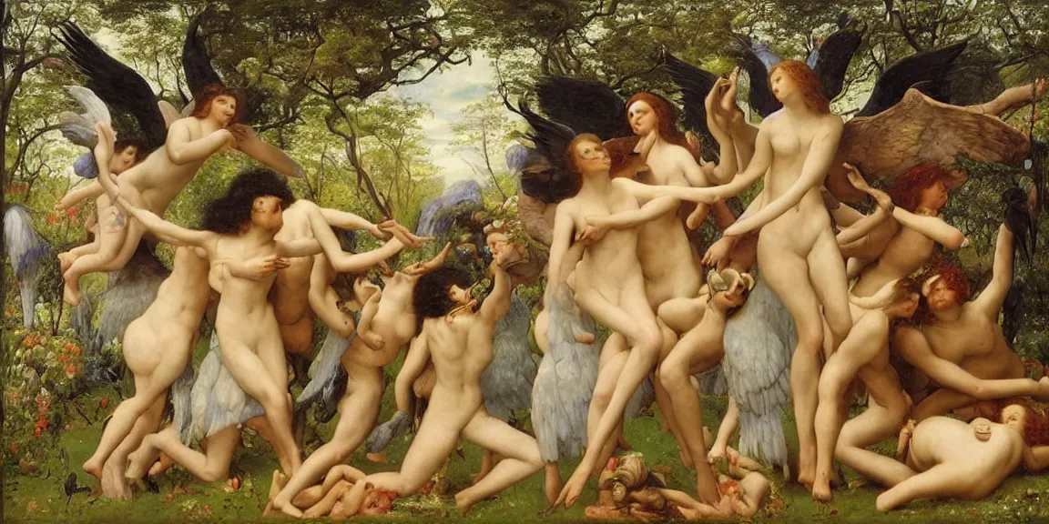 Prompt: garden of angels, surreal, epic, lush, fantasy art, renaissance art, classical art, by hugo simberg, by ilya repin, by gustave courbet, by luis ricardo falero