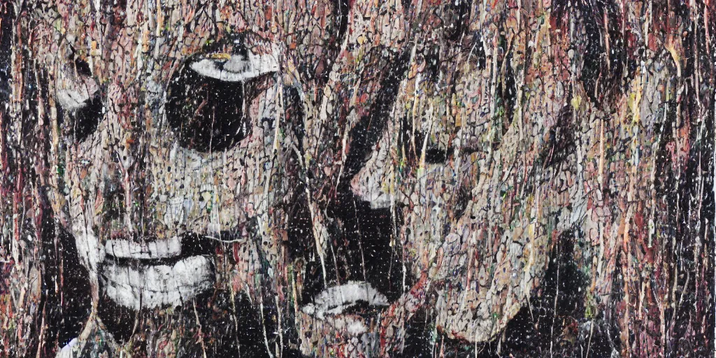 Image similar to camo made of teeth, smiling, abstract, francis bacon artwork, cryptic, dots, stipple, lines, splotch, color tearing, pitch bending, faceless people, dark, ominious, eerie, minimal, points, technical, old painting