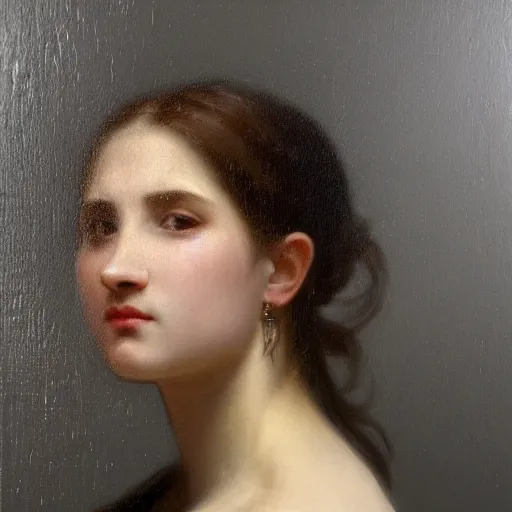 Image similar to hyperrealistic oil painting of woman, oil paint drips, dim volumetric lighting, 8 k octane beautifully detailed render, post - processing, portrait, extremely hyper - detailed, intricate, epic composition, cinematic lighting, masterpiece, by william - adolphe bouguereau, trending on artstation, very very detailed, masterpiece, stunning,