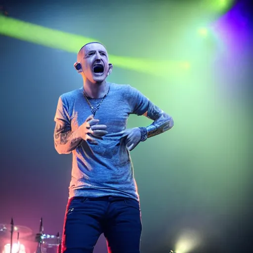 Image similar to chester bennington singing on top of a mountain