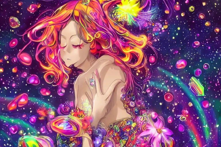 Image similar to psychedelic, whimsical, anime, 4k, beautiful lusty woman smoking weed, with professional makeup, long trippy hair, a crystal and flower dress, sitting on a reflective pool, surrounded by gems, underneath the stars, rainbow fireflies, trending on patreon, deviantart, twitter, artstation, volumetric lighting, heavy contrast, art style of Greg Rutkowski and Miho Hirano and Ross Tran