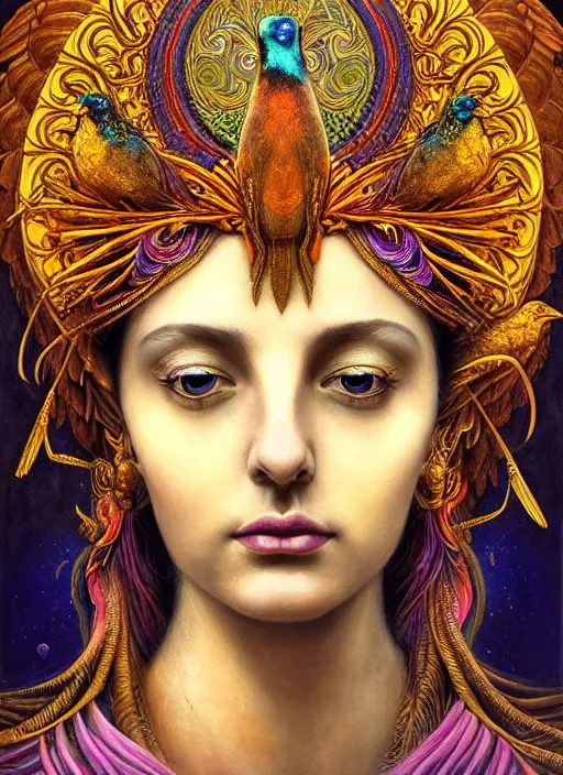 Prompt: portrait of the beautiful young goddess of birds, unusual beauty, etheric, outworldly colours, emotionally evoking symbolic metaphors, head in focus, fantasy, ornamental, intricate, elegant, highly detailed painting style photo, artstation, concept art, painterly, golden ratio, sharp focus, illustration, art by marco mazzoni and zdzisław beksinski,