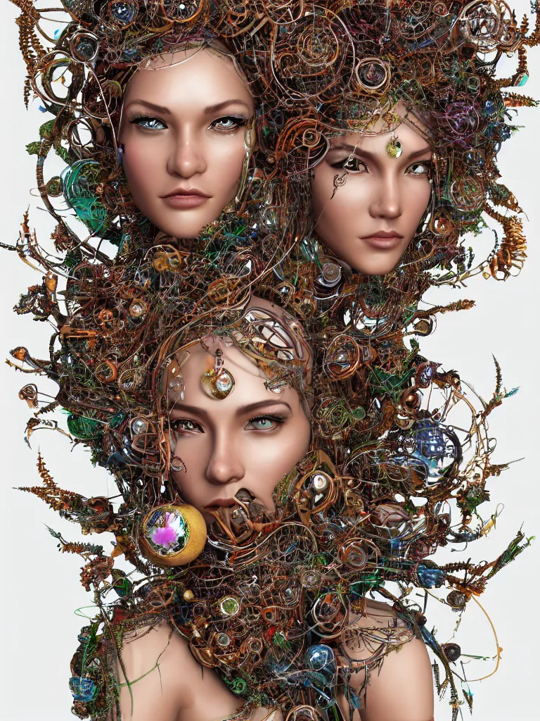 Image similar to a photo real centered image of a single beautiful tribal goddesses surrounded by intertwining bio - mech tendrils made of machine and robot parts and gemstones and leaves and feathers and incense smoke, full body, gorgeous face, perfect face, powerful, by james jean, by ross tran, 3 d, cinema 4 d render, trending on artstation, octane render, 8 k