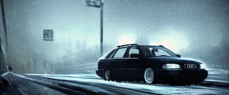 Prompt: Audi A4 B6 Avant (2002), a gritty neo-noir, dramatic bright lighting, cinematic, establishing shot, extremely high detail, photorealistic, cinematic lighting, artstation, by simon stalenhag, Snowy italian road, Alps, At night, Poets of the Fall - Late Goodbye