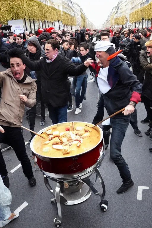 Prompt: the citizens of Paris start a riot and roll a giant fondue onto champs elysees