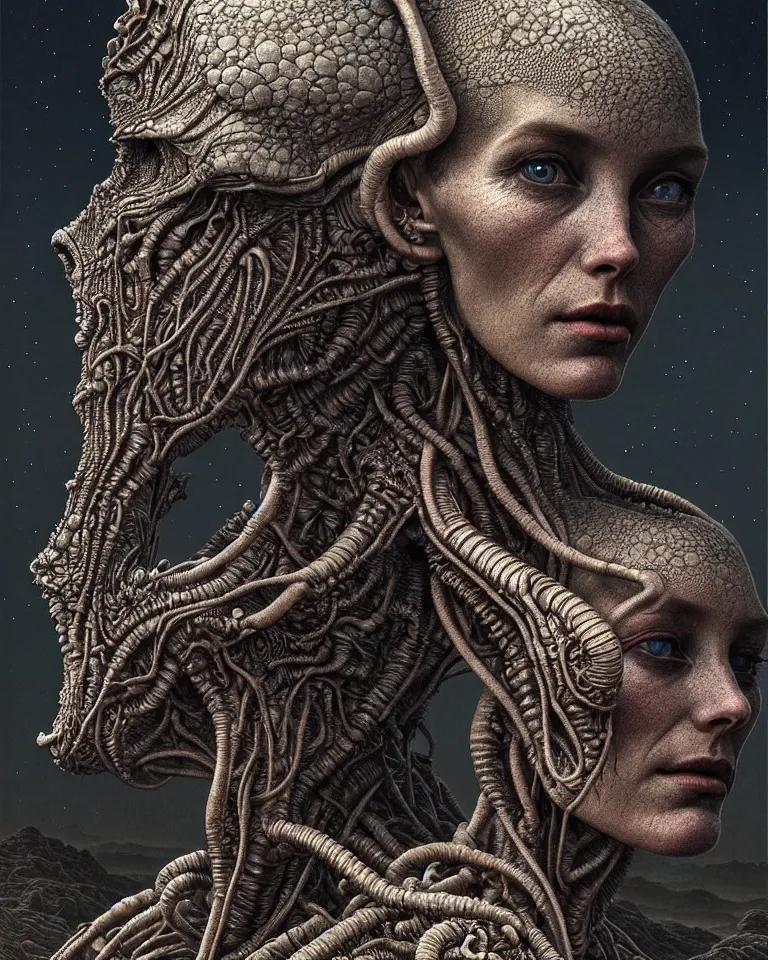 Image similar to ultra realist intricate detailed portrait of a single rugged attractive female on an alien landscape, insanity, accurate features, apocalyptic, very intricate details, 8 k resolution, dim lighting, volumetric lighting, artstyle zdzisław beksinski and keith thompson, award winning