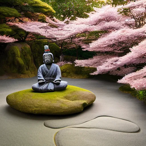 Prompt: ancient colorful samurai with a highly detailed relaxed face is sitting in contemplation in the middle of a miniature japanese zen garden, beautiful cherry blossom trees, moody evening light, cinematic, artstation, hyperdetailed, 4k - n 4
