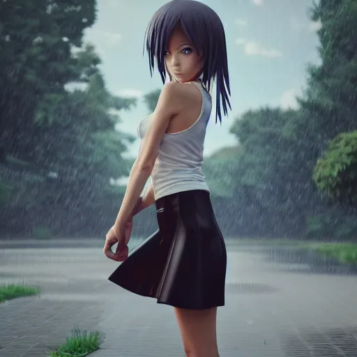 Image similar to beautiful anime woman in 3d style, wearing a skirt and a tanktop, perfect body, standing in the rain, high quality anime art, trending on artstation, 8K octane render