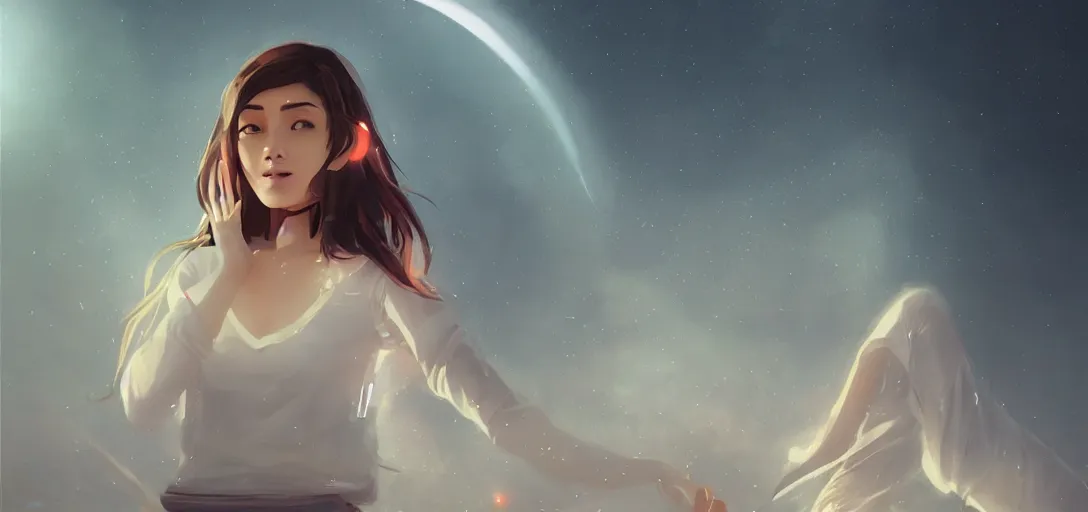 Image similar to Young Himalayan woman floating psychically confused | night time scene, plain walls |light hearted, white eyes, long messy hair | gentle lighting, futuristic, dim lighting, digital art by Makoto Shinkai ilya kuvshinov and Wojtek Fus, digital art, concept art,