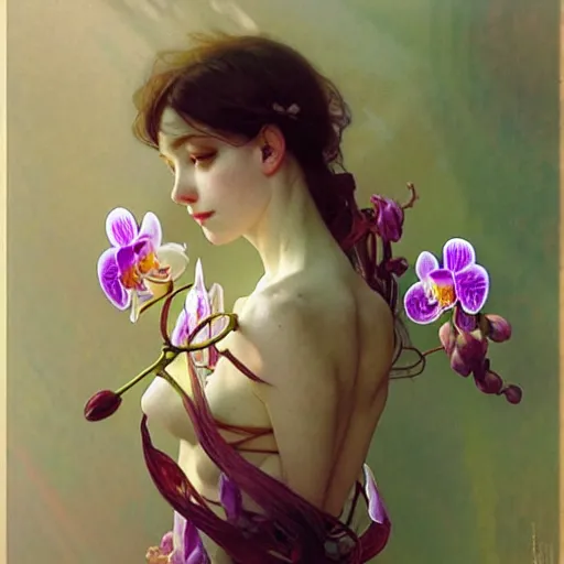 Prompt: surreal multilayer orchid, bright diffuse lighting, photorealistic, soft, sharp focus, art by collier, albert aublet, krenz cushart, artem demura, alphonse mucha