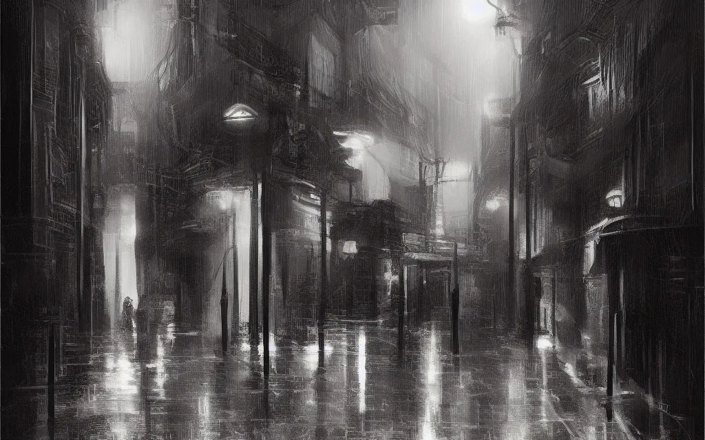 Prompt: concept art, dark wet london alley at night, by ashley wood, by roger deakins, in the style of syd mead and liam wong