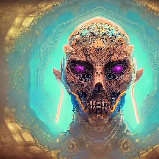 Image similar to menacing symmetrical face portrait cloaked grimm reaper neon axonometric mechanical fantasy intricate elegant highly detailed in volumetric void of latent space lush flowers intricate jewellery, realm of the gods golden turquoise steampunk, axonometric high contrast cinematic light, mystical shadows, digital painting, sharp focus, octane render, photographic, concept art, artist leonardo davinci, unreal engine 8 k