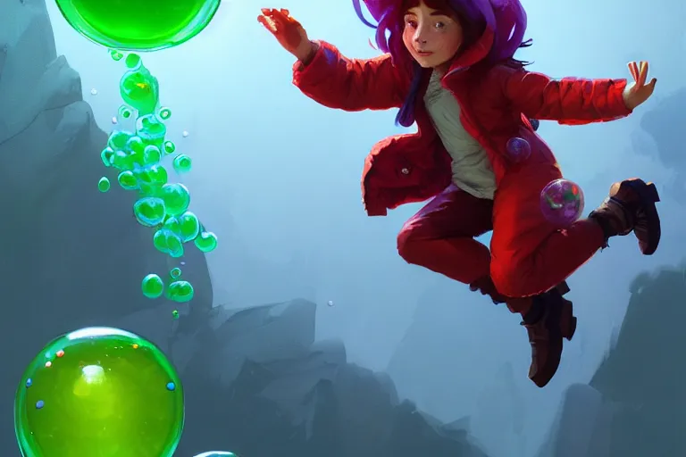 Image similar to madeline from celeste jumping to a green jelly bubble, blue bubble jacket red long hair, highly detailed, digital painting, artstation, concept art, sharp focus, illustration, art by greg rutkowski and alphonse mucha