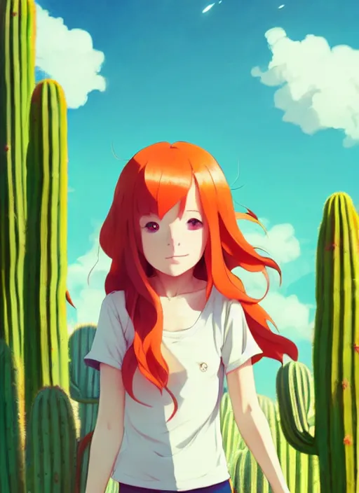 Image similar to portrait of cute redhead girl in orange jumpsuit with fox ears, holding a cactus, cloudy sky background lush landscape illustration concept art anime key visual trending pixiv fanbox by wlop and greg rutkowski and makoto shinkai and studio ghibli