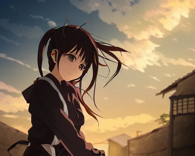 Prompt: key anime visual portrait of a young female in a village, dynamic pose, dynamic perspective, cinematic, dramatic lighting, muted colors, detailed silhouette, textured, finely detailed eyes, anime proportions
