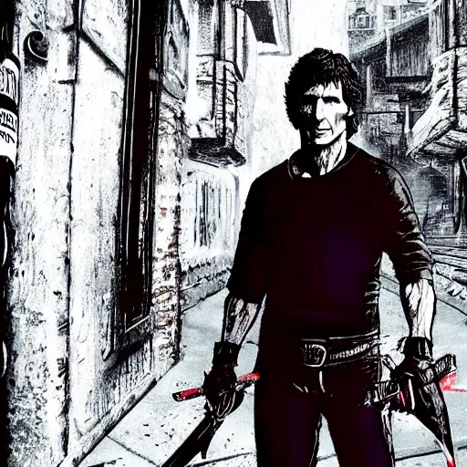 Image similar to todd howard with a switchblade in a alleyway, forcing you to buy skyrim, threatening, sharp, cinematic, colorful, digital art, neon, bright, realism, bold