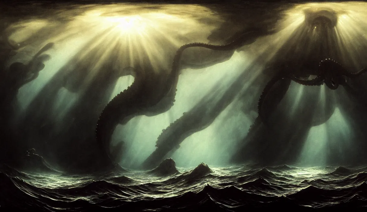 Image similar to low ultrawide shot, dark, underwater under sea submerged pre giant kraken octopus, abyss, stylized, anime style mixed with fujifilm, detailed gouache paintings, crepuscular rays, dark, murky, foggy, atmospheric, nicola samori, albert bierstadt, frederic edwin church, beksinski, wayne barlowe's inferno