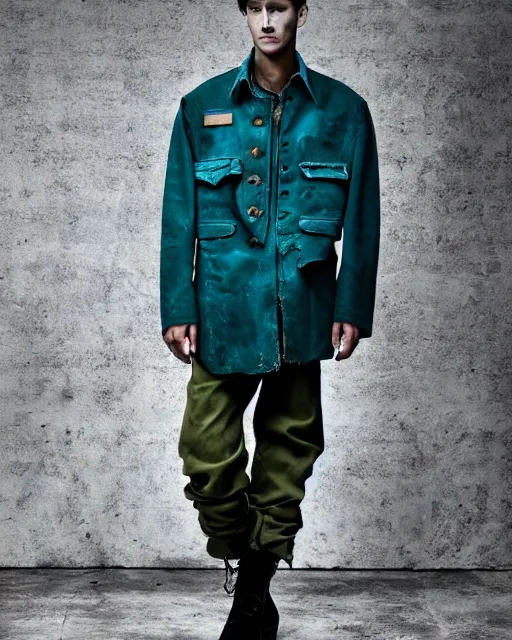 Prompt: an award - winning photo of an ancient male model wearing a plain baggy teal distressed medieval designer menswear military jacket designed by alexander mcqueen, 4 k, studio lighting, wide angle lens