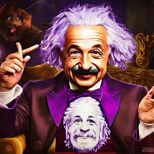 Image similar to portrait of albert einstein as willy wonka, league of legends amazing splashscreen artwork, fantasy, splash art, natural light, elegant, photorealistic facial features, intricate, fantasy, detailed face, atmospheric lighting, anamorphic lens flare, cinematic lighting, league of legends splash art, hd wallpaper, ultra high details by greg rutkowski