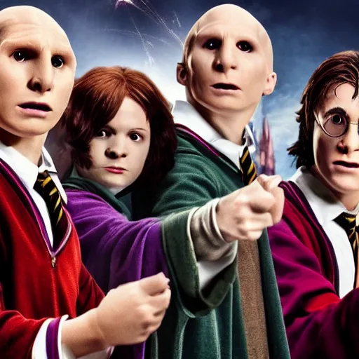 Image similar to harry potter with voldemort, pride flag in background