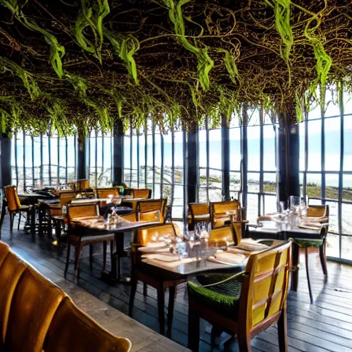 Prompt: open plan restaurant where the kitchen is actually a vibrant kelp forest