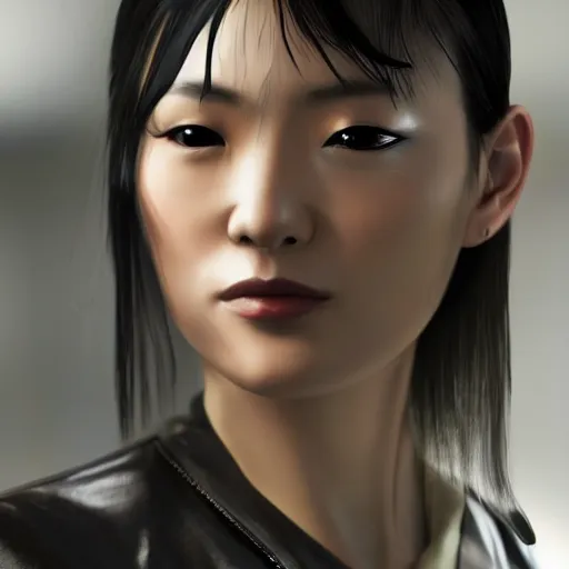Prompt: perfect, realistic oil painting of close-up japanese young woman wearing leather jacket, in Deus Ex Human Revolution