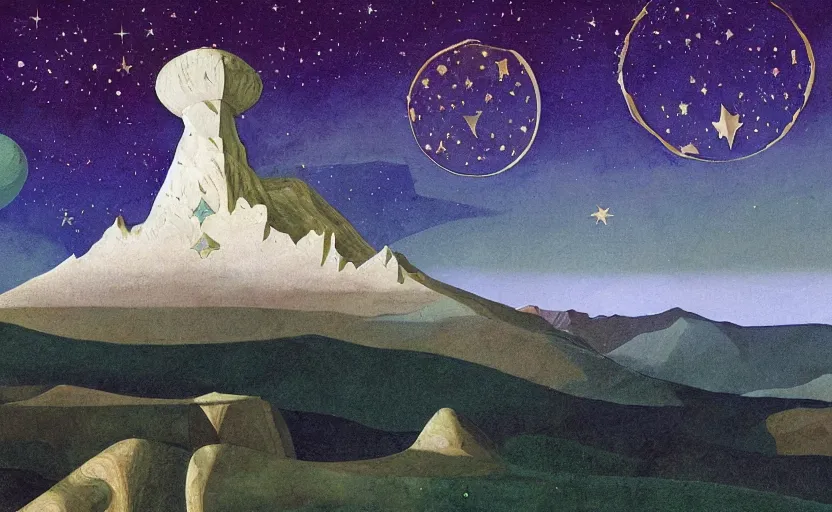 Image similar to mountains, stars and paisley filled sky, artstation, intricate, highly detailed, digital painting, concept art, sharp focus, illustration by Roger Dean and Piero della Francesca