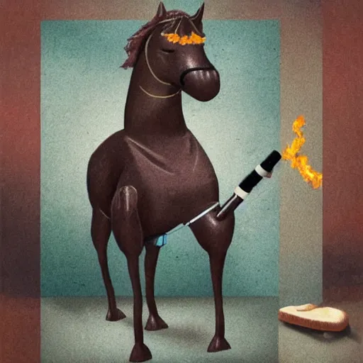 Image similar to an antropomorphic horse wearing a suit smoking a cigar