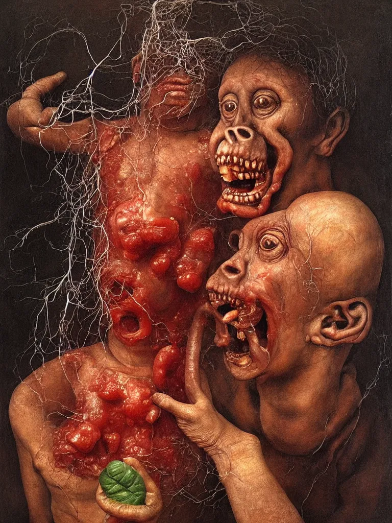 Image similar to a boy like eraserhead and elephant man sitting in a tub full of tomato sauce, looking straight into camera, screaming in desperation, zoomed out, master shot, by giuseppe arcimboldo and ambrosius benson, renaissance, fruit, intricate and intense oil paint, a touch of beksinski and hr giger and edward munch, realistic