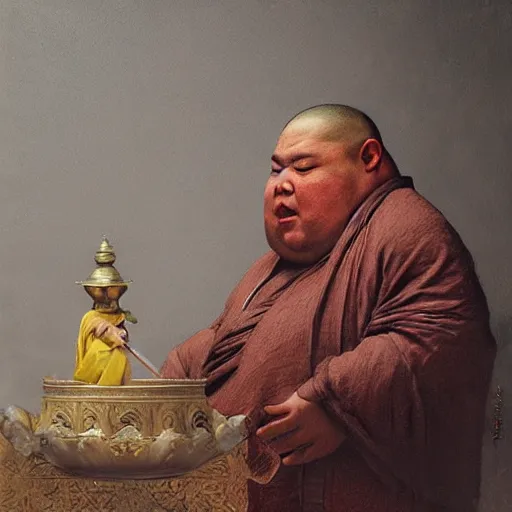 Image similar to fat boar wearing a monk robes holding incense burner. natural lighting by ruan jia, portrait