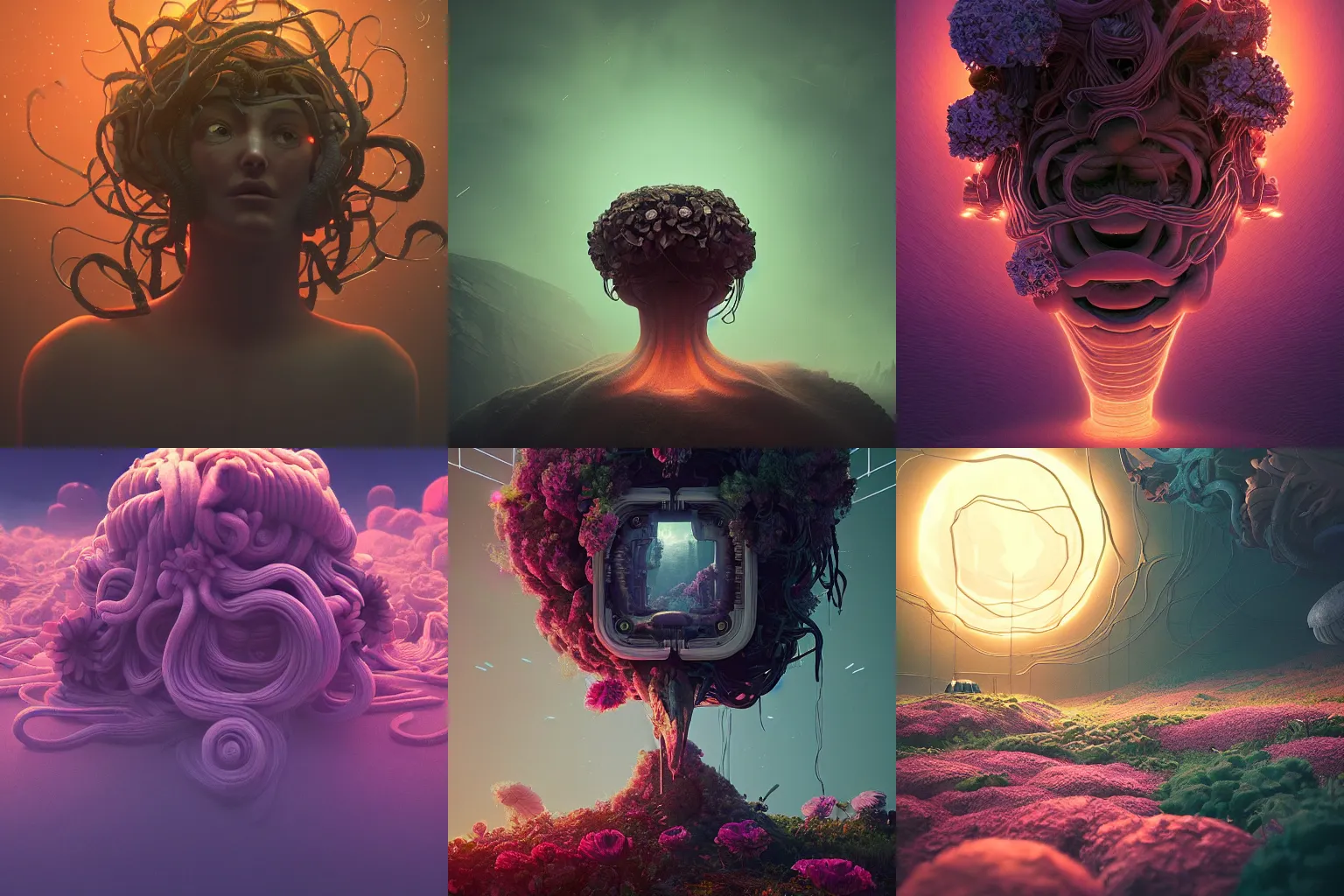 Prompt: beautiful dark landscape, medusa head, beautiful flowers, in the style of beeple and Mike Winkelmann, intricate, epic lighting, cinematic composition, hyper realistic, 8k resolution,