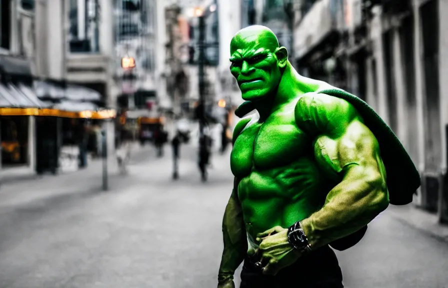 Prompt: a candid street photo of a muscular green-skinned orc in the city, casual clothing, modern fantasy photography, sharp focus, 4k