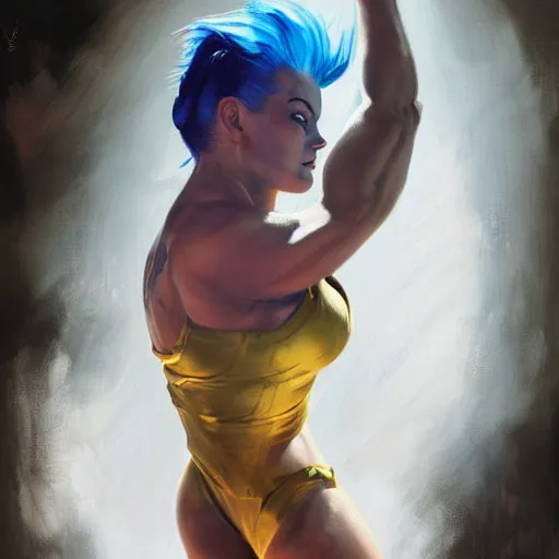 Image similar to greg manchess portrait painting of smiling margot robbie as beautiful thick muscular female bodybuilder zarya from overwatch, medium shot, asymmetrical, profile picture, organic painting, sunny day, matte painting, bold shapes, hard edges, street art, trending on artstation, by huang guangjian and gil elvgren and sachin teng