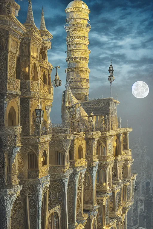 Image similar to ancient silver tower of the moon, distance view, fairytale illustration, elaborate carved latticed balconies, tall windows, moorish architecture, formal gardens, dramatic cinematic lighting, soft colors, golden age illustrator, unreal engine