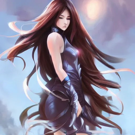 Image similar to a beautiful woman anime character soldier with long flowing hair, artgerm, art station