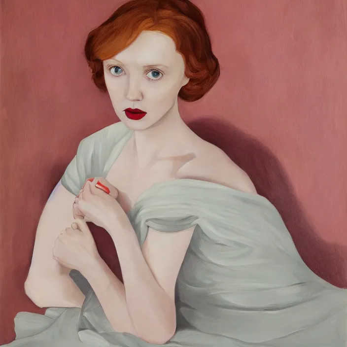 Prompt: a portrait of lily cole, dramatic, sensual, dark background, by mel ramos, by elizabeth peyton, by lizzie riches