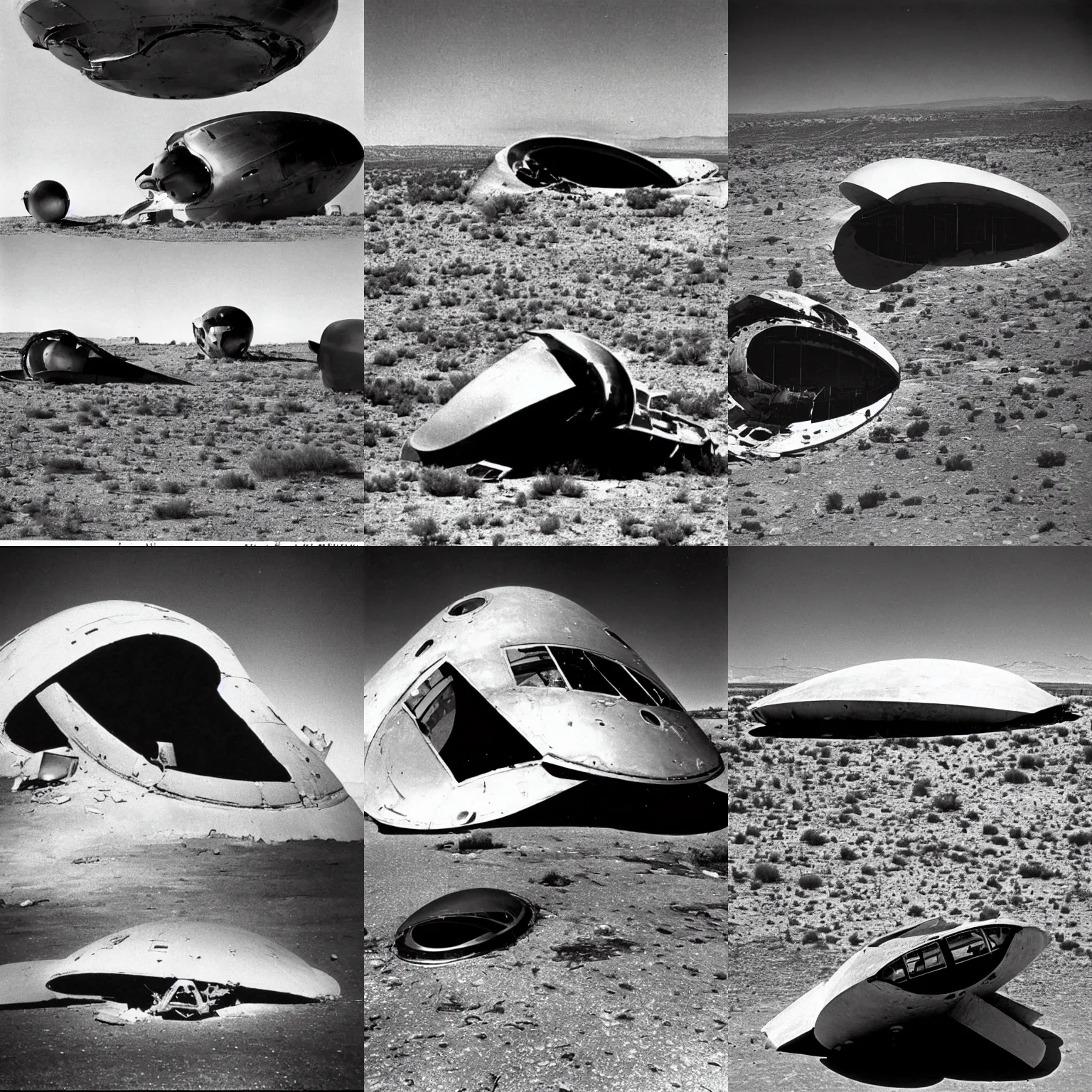 Prompt: ansel adams photo of a crashed alien ship at Roswell New Mexico in 1948