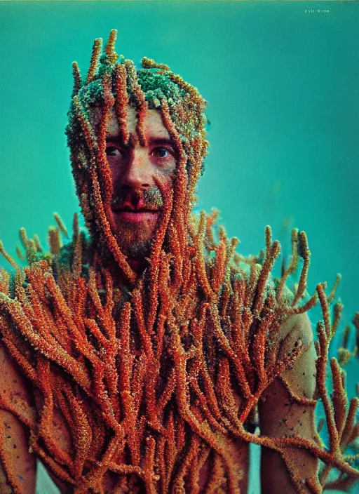 Prompt: realistic photo of a blurred face of a man, covered in shriveling dead coral reef, emitting aura, floating in the air with his arms stretched out on him 1 9 6 0, life magazine photo, natural colors, metropolitan museum, kodak, 8 k, very detailed, high resolution, product photo,