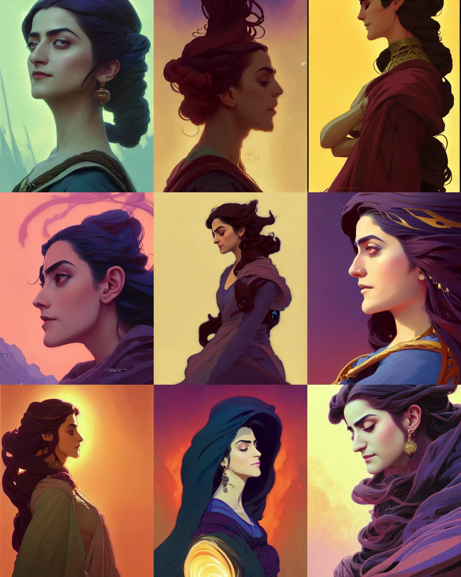 Prompt: side profile centered painted portrait, Maya Ali as a storm sorcerer, D&D, matte painting concept art, beautifully backlit, official fanart, 4k, HDR, Trending on artstation, Behance, Art Nouveau, by Mucha and Jesper Ejsing and RHADS and Makoto Shinkai and Lois van baarle and ilya kuvshinov and rossdraws and Cushart Krentz and Gilleard James