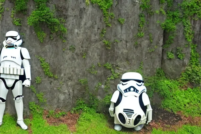 Image similar to a happy stormtrooper chilling with totoro, studio ghibli beautiful