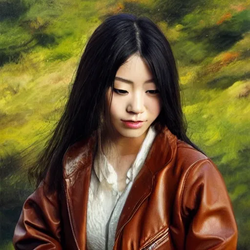 Image similar to perfect, realistic oil painting of close-up japanese young woman wearing leather jacket, in LOTR