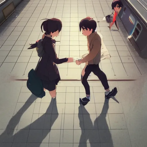 Image similar to a couple meeting up at a trainstation, running at each other with open arms. cgsociety masterpiece, artstation trending, by rossdraws, ghibli, Kimi no Na wa, greg rutkowski