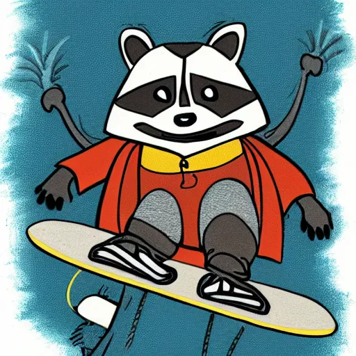 Image similar to cartoon illustration of a raccoon riding a skateboard