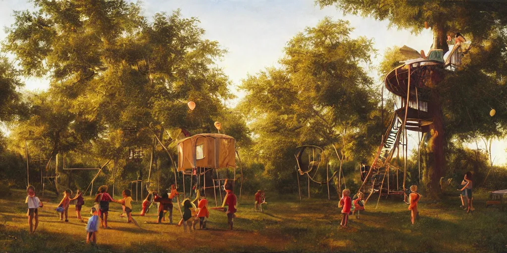 Prompt: masterful oil on canvas painting, eye - level view, shot from 5 0 feet distance, of kids playing in a treehouse. in the background human children run around having fun. golden hour, detailed, depth, volume, chiaroscuro, quiet intensity, limited color palette. in the background there are a couple of balloons floating in the sky.