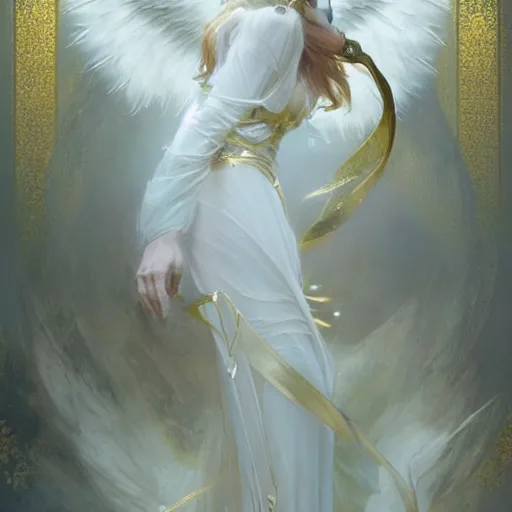 Image similar to angel warrior, beautiful, stunning, gold mist, radiating power, energy, god rays, luminescence, fractal, smooth white and soft by ruan jia, tom bagshaw, alphonse mucha, krenz cushart, vray render, artstation, deviantart, pinterest