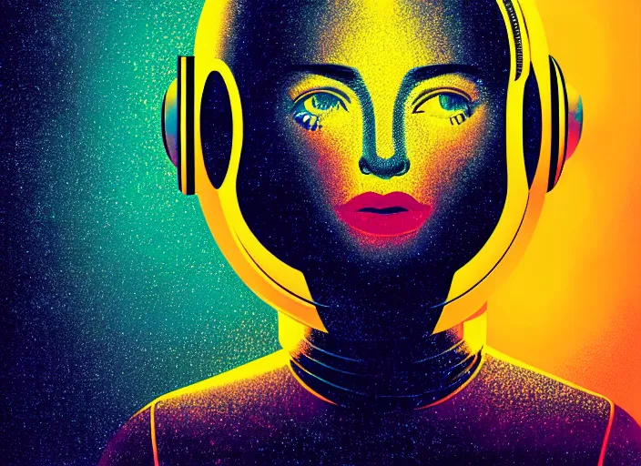 Image similar to portrait of a young astronaut girl, colorful, modern art deco, mads berg, karolis strautniekas, stippled light, fine texture, editorial illustration, dramatic lighting, dynamic composition, detailed, matte print, dynamic perspective, muted color